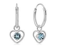 DTPsilver® 925 Sterling Silver SMALL Hoops Earrings & Dangling Heart with 3 mm Glittering Crystals from Swarovski® Elements - Thickness 1.5 mm - Diameter: 14 mm - Colour : Blue Aquamarine