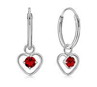DTPsilver® 925 Sterling Silver SMALL Hoops Earrings & Dangling Heart with 3 mm Glittering Crystals from Swarovski® Elements - Thickness 1.2 mm - Diameter: 12 mm - Colour : Red Light Siam