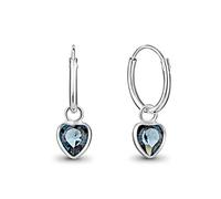 DTPsilver® 925 Sterling Silver SMALL Hoops Earrings & Glittering 5 mm Dangling Heart Crystals from Swarovski® Elements - Thickness 1.5 mm - Diameter 14 mm - Colour: Montana Blue