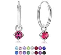 DTPsilver® 925 Sterling Silver SMALL Hoops Earrings & Round Dangling 3 mm Glittering Crystals from Swarovski® Elements - Thickness 1.5 mm - Diameter: 14 mm - Colour : Rose
