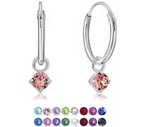 DTPsilver® 925 Sterling Silver SMALL Hoops Earrings & Round Dangling 3 mm Glittering Crystals from Swarovski® Elements - Thickness 1.5 mm - Diameter: 14 mm - Colour : Light Rose