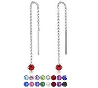 DTPsilver® 925 Sterling Silver SMALL Pull Through Drop Chain Earrings & MINI Round Dangling 3 mm Glittering Crystals from Swarovski® Elements - Total Length 57 mm - Colour : Red Light Siam