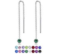 DTPsilver® 925 Sterling Silver SMALL Pull Through Drop Chain Earrings & MINI Round Dangling 3 mm Glittering Crystals from Swarovski® Elements - Total Length 57 mm - Colour : Green Emerald