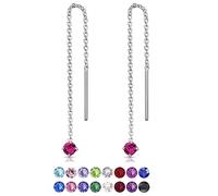 DTPsilver® 925 Sterling Silver SMALL Pull Through Drop Chain Earrings & MINI Round Dangling 3 mm Glittering Crystals from Swarovski® Elements - Total Length 57 mm - Colour : Fuchsia