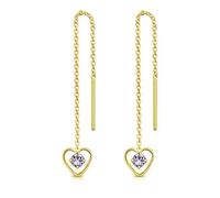 DTPsilver® 925 Sterling Silver Yellow Gold Plated Pull Through Drop Chain Earrings & Dangling Heart with SMALL Round 3 mm Crystals from Swarovski® Elements - Length 68 mm - Colour : Provence Lavender