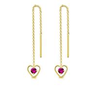 DTPsilver® 925 Sterling Silver Yellow Gold Plated Pull Through Drop Chain Earrings & Dangling Heart with SMALL Round 3 mm Crystals from Swarovski® Elements - Length 68 mm - Colour : Fuchsia