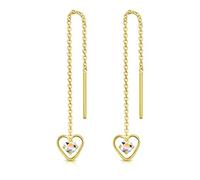 DTPsilver® 925 Sterling Silver Yellow Gold Plated Pull Through Drop Chain Earrings & Dangling Heart with SMALL Round 3 mm Crystals from Swarovski® Elements - Length 68 mm - Colour : Aurora Borealis