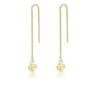 DTPsilver® 925 Sterling Silver Yellow Gold Plated Pull Through/Thread Style Drop Chain Earrings and Small Puffed Heart - Length: 73 mm - Heart Dimension: 6 x 5 mm