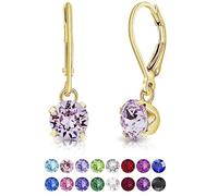 DTPSilver - 925 Sterling Silver Yellow Gold Plated Round Dangle Leverback Earrings made with Glittering Crystals from Swarovski® Elements - Diameter: 6 mm - Colour : Violet