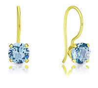 DTPSilver - 925 Sterling Silver Yellow Gold Plated Round Fixed Hook Earrings made with Glittering Crystals from Swarovski® Elements - Diameter: 6 mm - Colour : Blue Aquamarine