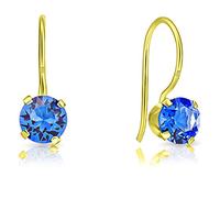 DTPSilver - 925 Sterling Silver Yellow Gold Plated Round Fixed Hook Earrings made with Glittering Crystals from Swarovski® Elements - Diameter: 6 mm - Colour : Blue Sapphire