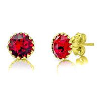 DTPSilver - 925 Sterling Silver Yellow Gold Plated Round Stud Earrings made with Glittering Crystals from Swarovski® Elements - Diameter: 6 mm - Colour : Red Light Siam