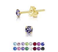 DTPSilver - 925 Sterling Silver Yellow Gold plated Round TINY Stud Earrings made with Glittering Crystals from Swarovski® Elements - Diameter: 3 mm - Colour : Tanzanite