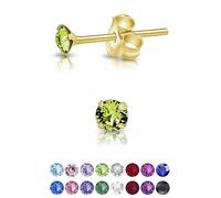DTPSilver - 925 Sterling Silver Yellow Gold plated Round TINY Stud Earrings made with Glittering Crystals from Swarovski® Elements - Diameter: 3 mm - Colour : Peridot