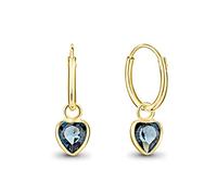 DTPsilver® 925 Sterling Silver Yellow Gold Plated SMALL Hoops Earrings & 5 mm Dangling Heart Crystals from Swarovski® Elements - Thickness 1.5 mm - Diameter 14 mm