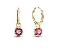 DTPsilver® 925 Sterling Silver Yellow Gold Plated SMALL Hoops Earrings - Dangling 5 mm Round Glittering Crystals from Swarovski® Elements - Diameter 12 mm - Colour: Rose