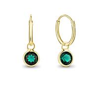 DTPsilver® 925 Sterling Silver Yellow Gold Plated SMALL Hoops Earrings - Dangling 5 mm Round Glittering Crystals from Swarovski® Elements - Diameter 12 mm - Colour: Emerald