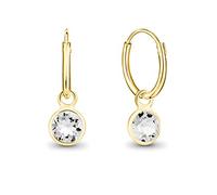 DTPsilver® 925 Sterling Silver Yellow Gold Plated SMALL Hoops Earrings - Dangling 5 mm Round Glittering Crystals from Swarovski® Elements - Diameter 14 mm