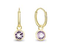 DTPsilver® 925 Sterling Silver Yellow Gold Plated SMALL Hoops Earrings - Dangling 5 mm Round Glittering Crystals from Swarovski® Elements - Diameter 12 mm - Colour: Violet