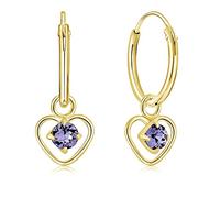 DTPsilver® 925 Sterling Silver Yellow Gold Plated SMALL Hoops Earrings & Dangling Heart with 3 mm Crystals from Swarovski® Elements - Thickness 1.5 mm - Diameter: 14 mm - Colour : Tanzanite