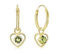 DTPsilver® 925 Sterling Silver Yellow Gold Plated SMALL Hoops Earrings & Dangling Heart with 3 mm Crystals from Swarovski® Elements - Thickness 1.5 mm - Diameter: 14 mm - Colour : Peridot