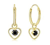 DTPsilver® 925 Sterling Silver Yellow Gold Plated SMALL Hoops Earrings & Dangling Heart with 3 mm Crystals from Swarovski® Elements - Thickness 1.5 mm - Diameter: 14 mm