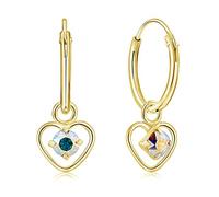 DTPsilver® 925 Sterling Silver Yellow Gold Plated SMALL Hoops Earrings & Dangling Heart with 3 mm Crystals from Swarovski® Elements - Thickness 1.5 mm - Diameter: 14 mm - Colour : Aurora Borealis