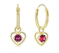 DTPsilver® 925 Sterling Silver Yellow Gold Plated SMALL Hoops Earrings & Dangling Heart with 3 mm Crystals from Swarovski® Elements - Thickness 1.5 mm - Diameter: 14 mm - Colour : Rose