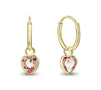 DTPsilver® 925 Sterling Silver Yellow Gold Plated SMALL Hoops Earrings & Glittering 5 mm Dangling Heart Crystals from Swarovski® Elements - Thickness 1.5 mm - Diameter 14 mm - Colour: Light Rose
