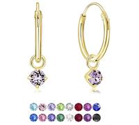 DTPsilver® 925 Sterling Silver Yellow Gold Plated SMALL Hoops Earrings & Round Dangling 3 mm Crystals from Swarovski® Elements - Thickness 1.5 mm - Diameter: 14 mm