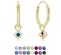 DTPsilver® 925 Sterling Silver Yellow Gold Plated SMALL Hoops Earrings & Round Dangling 3 mm Crystals from Swarovski® Elements - Thickness 1.2 mm - Diameter: 12 mm - Colour : Aurora Borealis