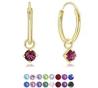 DTPsilver® 925 Sterling Silver Yellow Gold Plated SMALL Hoops Earrings & Round Dangling 3 mm Crystals from Swarovski® Elements - Thickness 1.5 mm - Diameter: 14 mm - Colour : Purple Amethyst