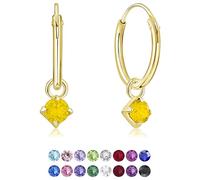 DTPsilver® 925 Sterling Silver Yellow Gold Plated SMALL Hoops Earrings & Round Dangling 3 mm Crystals from Swarovski® Elements - Thickness 1.5 mm - Diameter: 14 mm