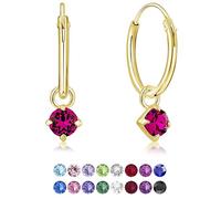 DTPsilver® 925 Sterling Silver Yellow Gold Plated SMALL Hoops Earrings & Round Dangling 3 mm Crystals from Swarovski® Elements - Thickness 1.5 mm - Diameter: 14 mm - Colour : Fuchsia