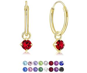 DTPsilver® 925 Sterling Silver Yellow Gold Plated SMALL Hoops Earrings & Round Dangling 3 mm Crystals from Swarovski® Elements - Thickness 1.2 mm - Diameter: 12 mm - Colour : Ruby