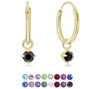 DTPsilver 925 Sterling Silver Yellow Gold Plated SMALL Hoops Earrings & Round Dangling 3 mm Crystals - Thickness 1.2 mm - Diameter: 12 mm - Colour : Black
