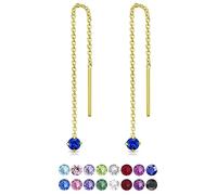 DTPsilver® 925 Sterling Silver Yellow Gold Plated SMALL Pull Through Drop Chain Earrings & MINI Round Dangling 3 mm Glittering Crystals from Swarovski® Elements - Length 57 mm - Colour : Majectic Blue