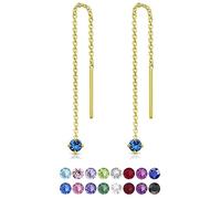 DTPsilver® 925 Sterling Silver Yellow Gold Plated SMALL Pull Through Drop Chain Earrings & MINI Round Dangling 3 mm Glittering Crystals from Swarovski® Elements - Length 57 mm - Colour : Sapphire
