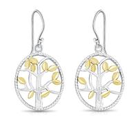 DTPsilver® 925 Sterling Silver Yellow Gold Plated Tree of Life Hook Dangle Earrings - Two-Tone - Dimensions: 16 x 33 mm