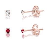 DTPSilver - Set of 2 PAIRS of 925 Sterling Silver Rose Gold plated Round TINY Stud Earrings made with Glittering Crystals from Swarovski® Elements - Diameter: 2 mm - Colour : Ruby