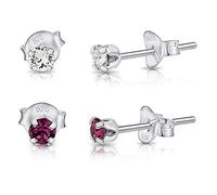 DTPSilver - Set of 2 PAIRS of 925 Sterling Silver Round TINY Stud Earrings made with Glittering Crystals from Swarovski® Elements - Diameter: 3 mm - Colour : Purple Amethyst