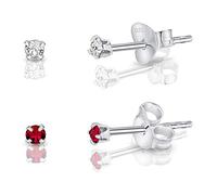 DTPSilver - Set of 2 PAIRS of 925 Sterling Silver Round TINY Stud Earrings made with Glittering Crystals from Swarovski® Elements - Diameter: 2 mm - Colour : Ruby