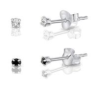 DTPSilver -Set of 2 PAIRS of 925 Sterling Silver Round TINY Stud Earrings made with Glittering Crystals from Swarovski® Elements - Diameter: 2 mm - Colour : Black