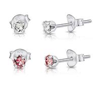 DTPSilver - Set of 2 PAIRS of 925 Sterling Silver Round TINY Stud Earrings made with Glittering Crystals from Swarovski® Elements - Diameter: 3 mm - Colour : Light Rose