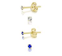 DTPSilver - Set of 2 PAIRS of 925 Sterling Silver Yellow Gold plated Round TINY Stud Earrings made with Glittering Crystals from Swarovski® Elements - Diameter: 2 mm - Colour : Majectic Blue