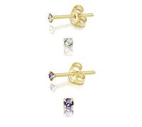 DTPSilver - Set of 2 PAIRS of 925 Sterling Silver Yellow Gold plated Round TINY Stud Earrings made with Glittering Crystals from Swarovski® Elements - Diameter: 2 mm - Colour : Tanzanite
