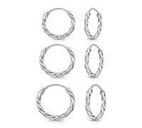 DTPsilver - Set of 3 PAIRS of TINY 925 Sterling Silver Twisted Hoops/Sleepers Earrings - Thickness 1.8 mm - Diameter 10, 12 and 14 mm