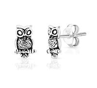 DTPsilver® SMALL 925 Sterling Silver Studs Earrings - Oxidised Style Owl on a Branch - Dimensions: 5 x 9 mm
