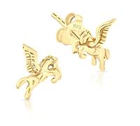 DTPsilver® SMALL 925 Sterling Silver Yellow Gold Plated Studs Earrings - Pegasus Stallion Horse - Dimension: 7 x 8 mm