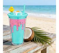 DTREELS Ice Cream Drip Reusable Cups with Chickens Statue, Lids, and Straw, Iced Coffee Tumbler Cold Drinking Travel Mug Water Bottle Summer Party Supplies, for Picnic Party Birthday